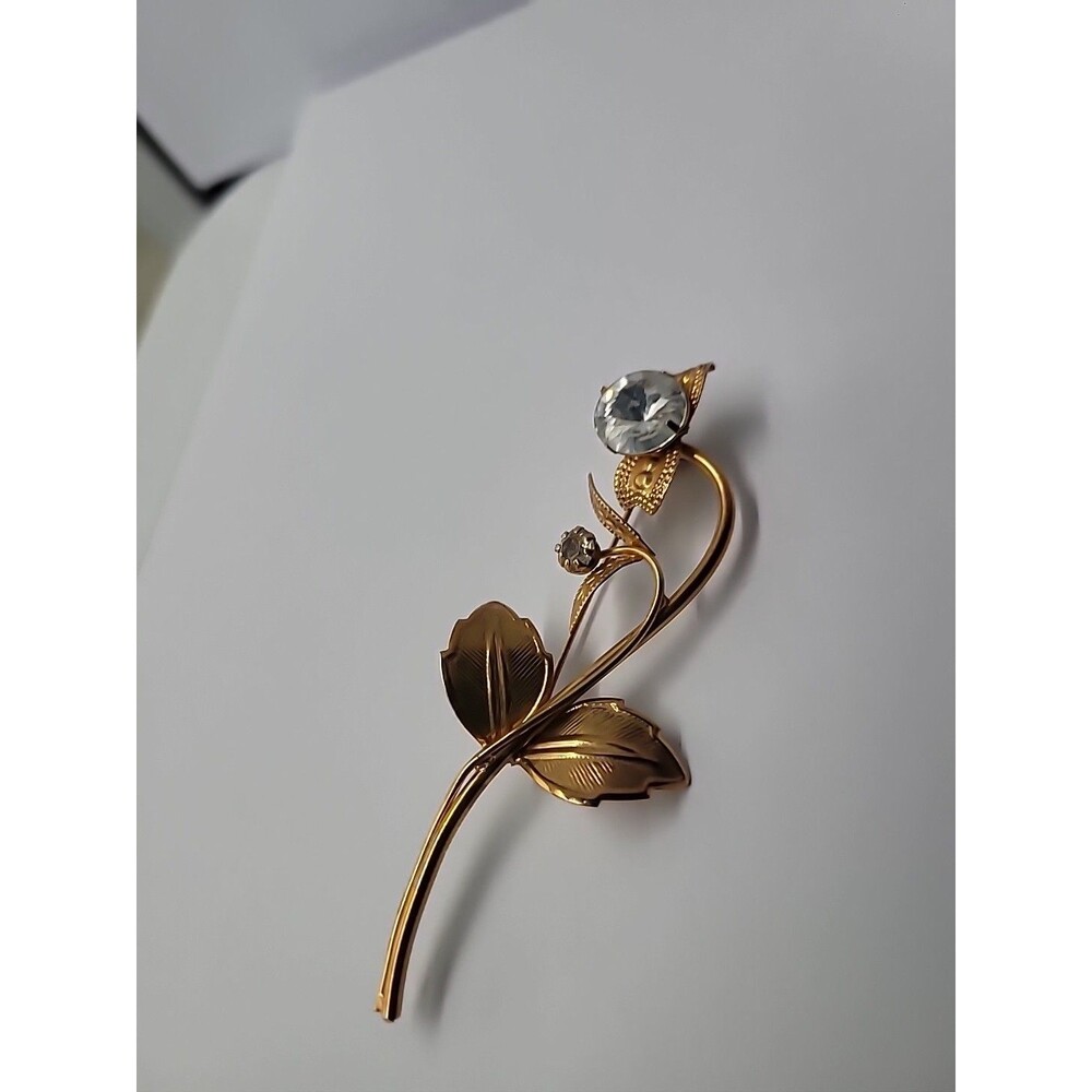 Vintage Gold Tone Rose Flower Brooch Rhinestone Rose Flower Jewelry